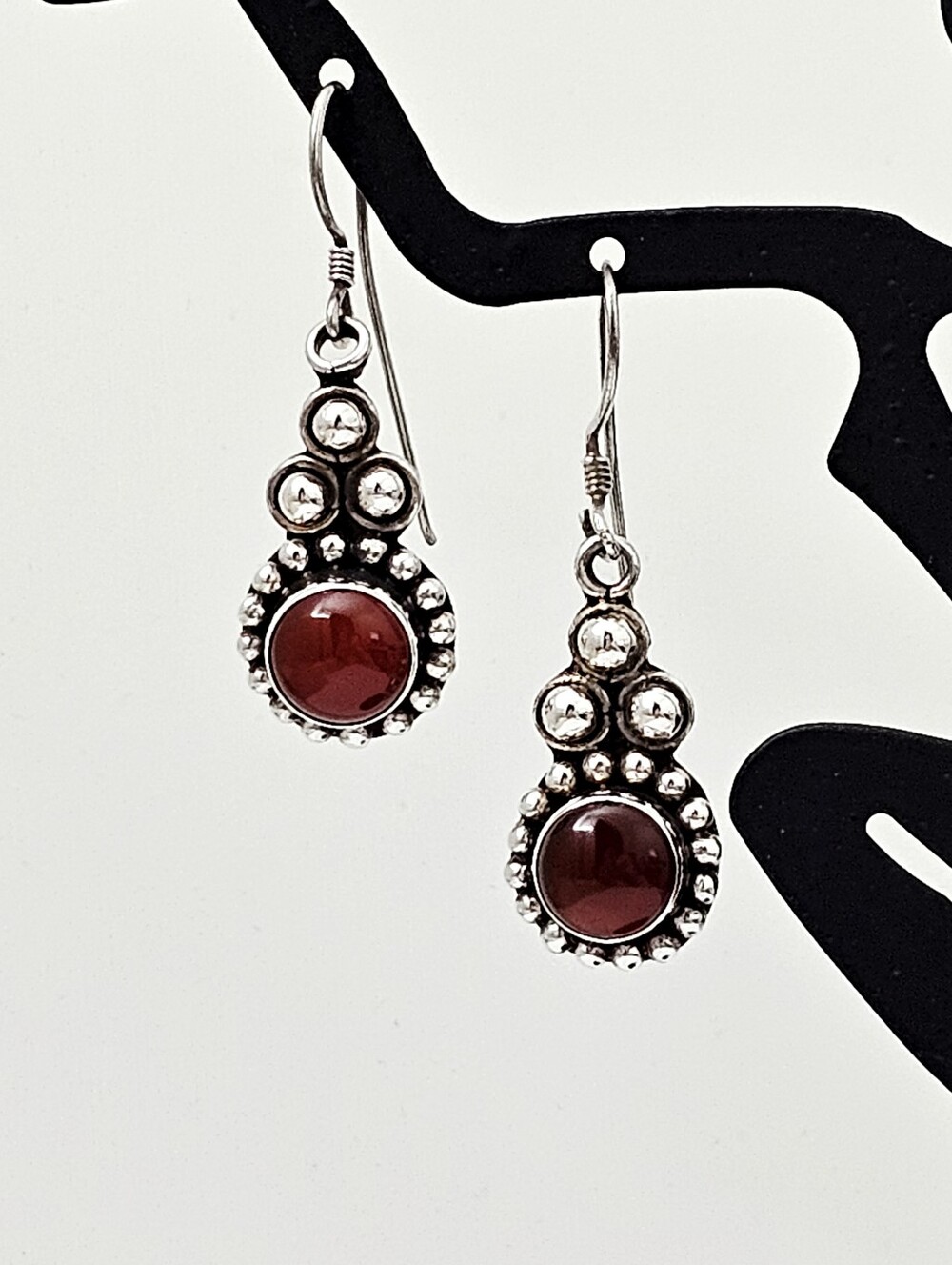 Artisan Sterling Silver Cabochon Garnet Gem & Caviar Beaded French Wire Earrings